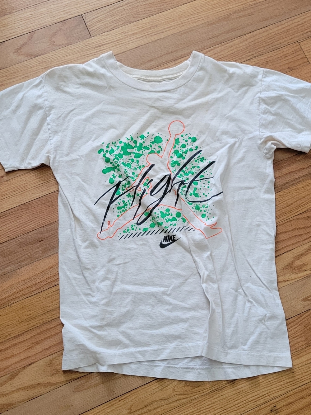 Vintage Nike White Graphic 'Flight' Tee with Neon Green Splash